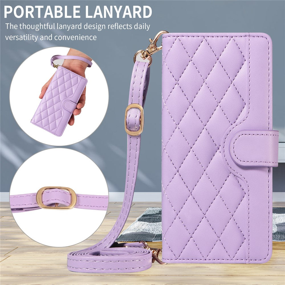 For iPhone 17 Pro Max Wallet Case Rhombus Leather Phone Cover with Strap - Light Purple