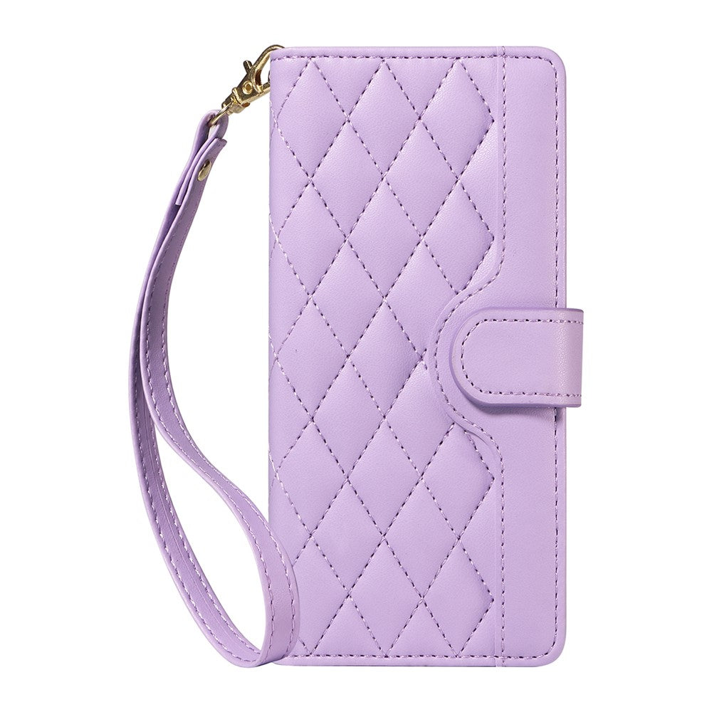 For iPhone 17 Pro Max Wallet Case Rhombus Leather Phone Cover with Strap - Light Purple