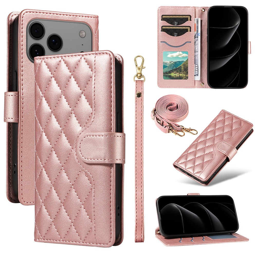For iPhone 17 Pro Max Wallet Case Rhombus Leather Phone Cover with Strap - Rose Gold