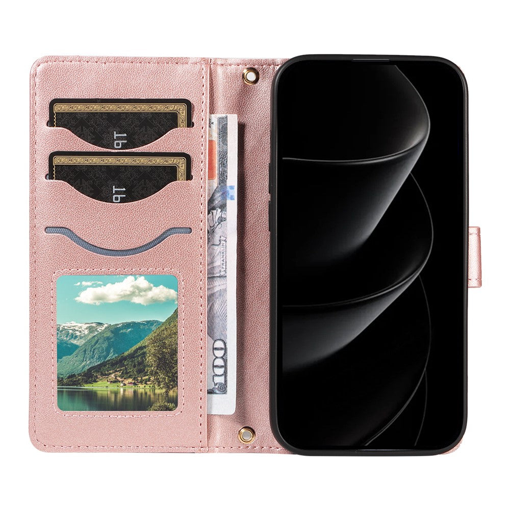 For iPhone 17 Pro Max Wallet Case Rhombus Leather Phone Cover with Strap - Rose Gold