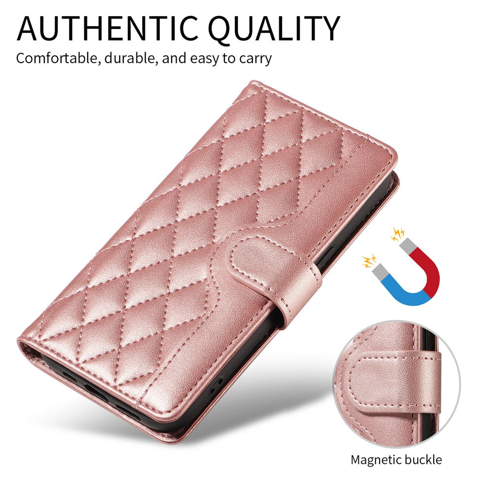 For iPhone 17 Pro Max Wallet Case Rhombus Leather Phone Cover with Strap - Rose Gold