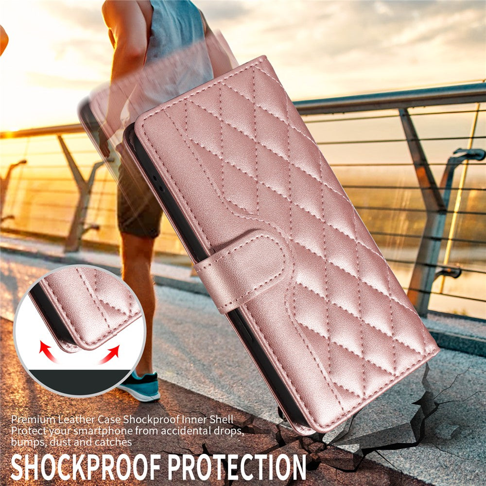 For iPhone 17 Pro Max Wallet Case Rhombus Leather Phone Cover with Strap - Rose Gold
