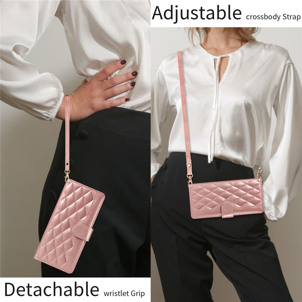 For iPhone 17 Pro Max Wallet Case Rhombus Leather Phone Cover with Strap - Rose Gold