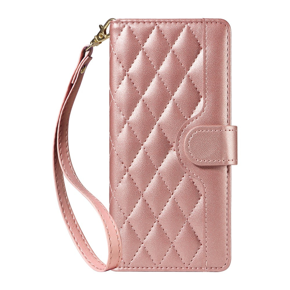 For iPhone 17 Pro Max Wallet Case Rhombus Leather Phone Cover with Strap - Rose Gold