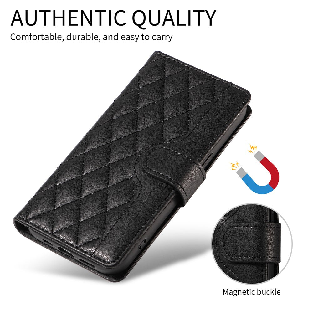 For iPhone 17 Pro Max Wallet Case Rhombus Leather Phone Cover with Strap - Black