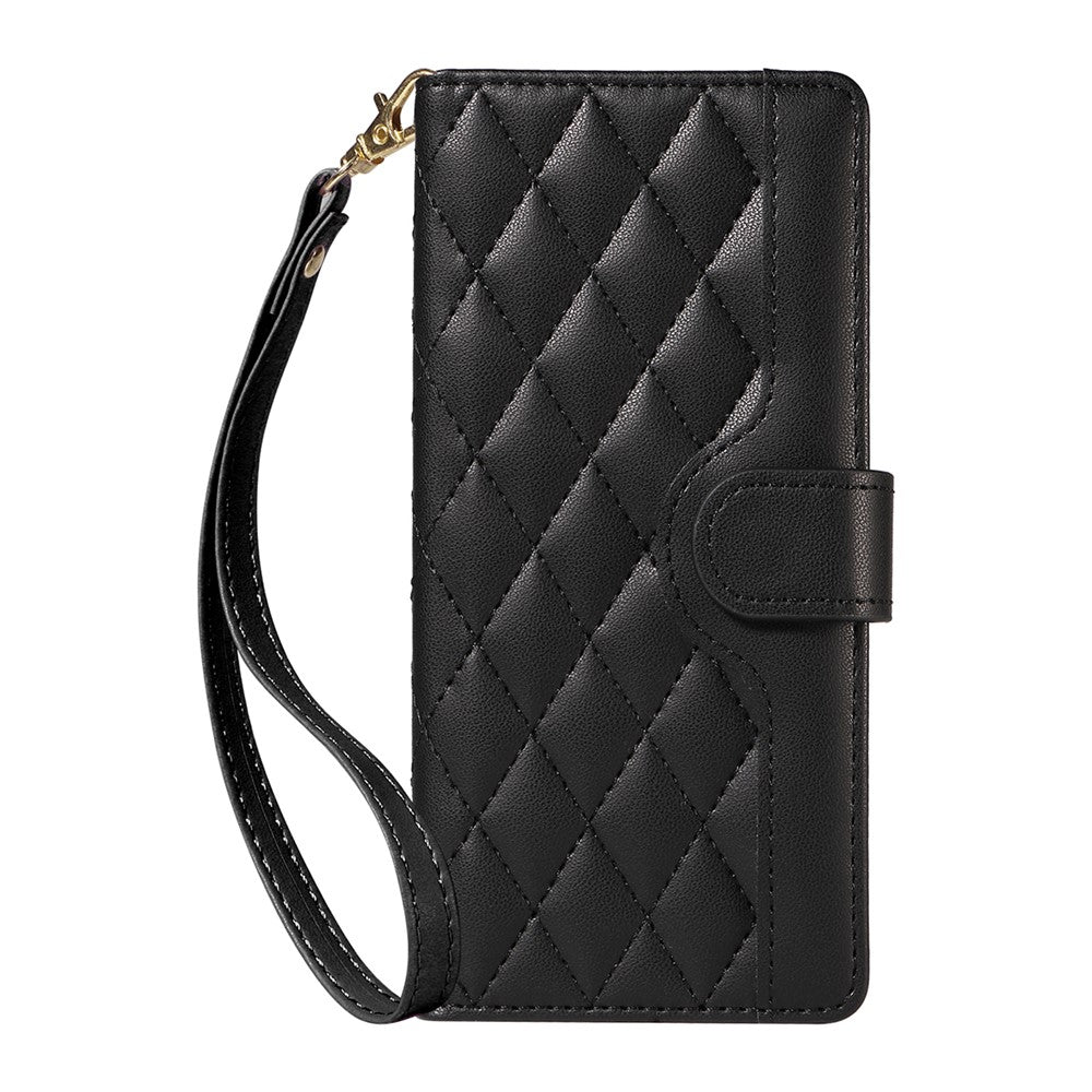 For iPhone 17 Pro Max Wallet Case Rhombus Leather Phone Cover with Strap - Black