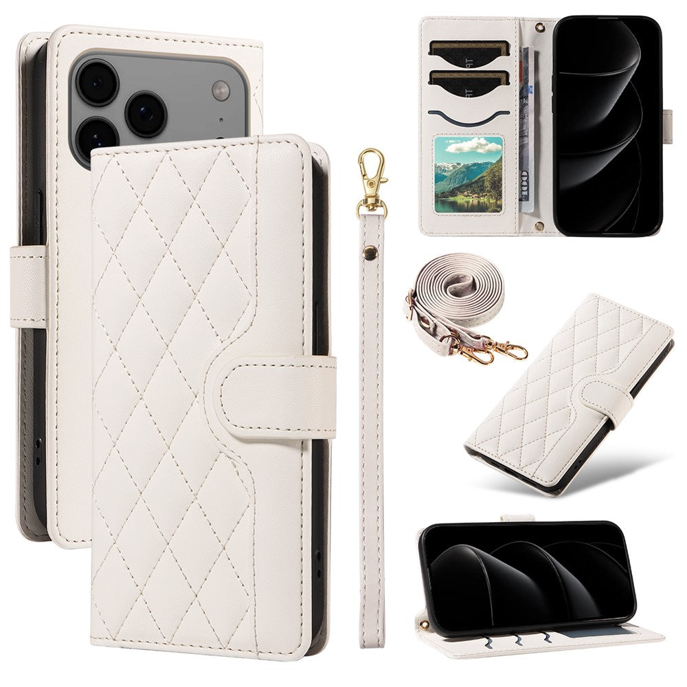 For iPhone 17 Pro Max Wallet Case Rhombus Leather Phone Cover with Strap - White