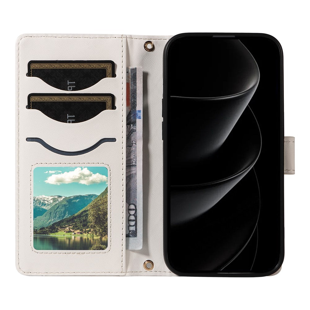 For iPhone 17 Pro Max Wallet Case Rhombus Leather Phone Cover with Strap - White