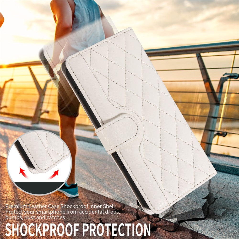 For iPhone 17 Pro Max Wallet Case Rhombus Leather Phone Cover with Strap - White