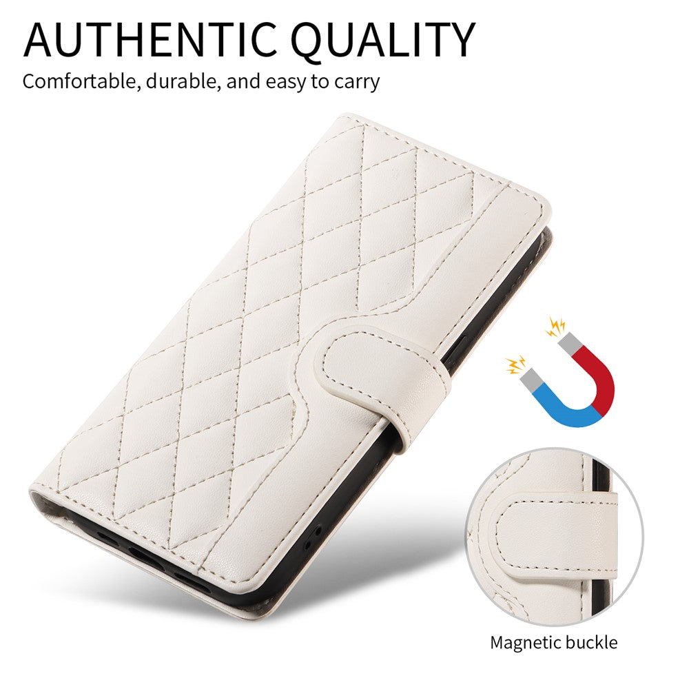 For iPhone 17 Pro Max Wallet Case Rhombus Leather Phone Cover with Strap - White