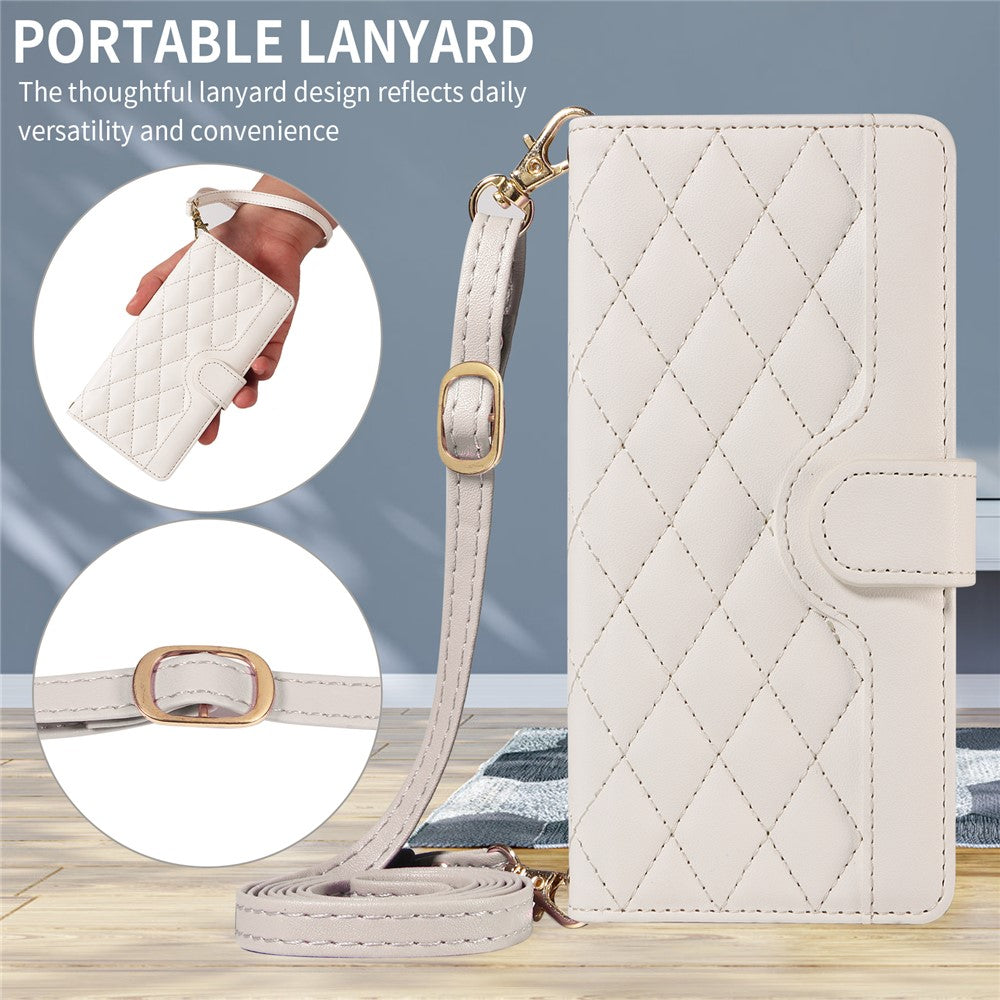 For iPhone 17 Pro Max Wallet Case Rhombus Leather Phone Cover with Strap - White