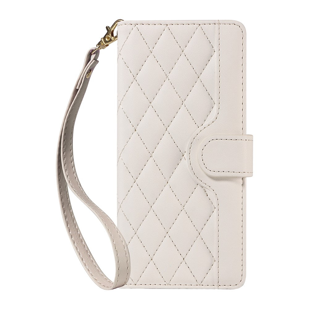 For iPhone 17 Pro Max Wallet Case Rhombus Leather Phone Cover with Strap - White