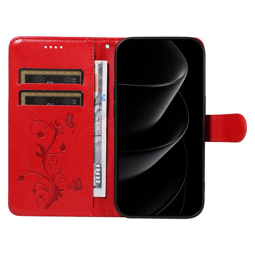 For iPhone 17 Pro Max PU Leather Cases Flower Pattern Wallet Stand Phone Cover with Strap - Red