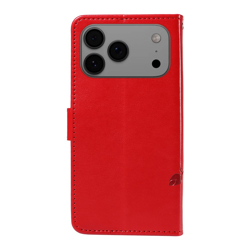 For iPhone 17 Pro Max PU Leather Cases Flower Pattern Wallet Stand Phone Cover with Strap - Red