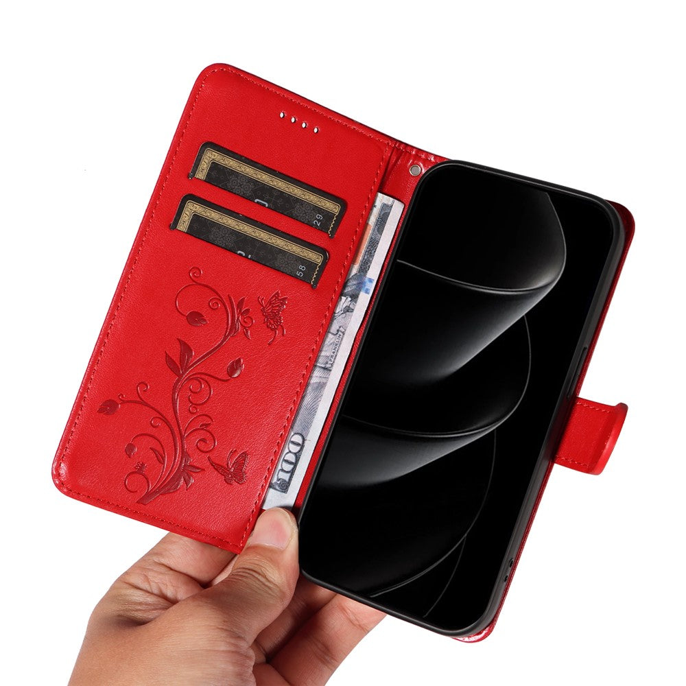 For iPhone 17 Pro Max PU Leather Cases Flower Pattern Wallet Stand Phone Cover with Strap - Red
