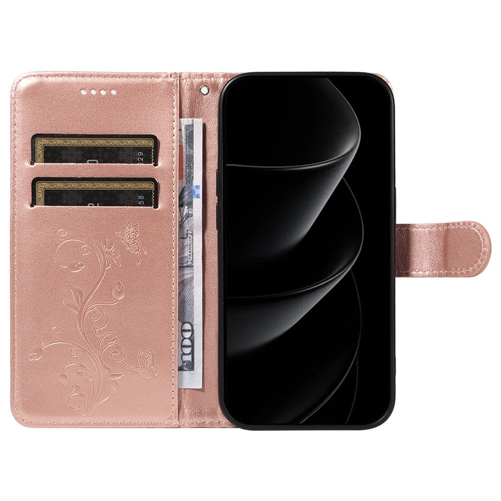 For iPhone 17 Pro Max PU Leather Cases Flower Pattern Wallet Stand Phone Cover with Strap - Rose Gold