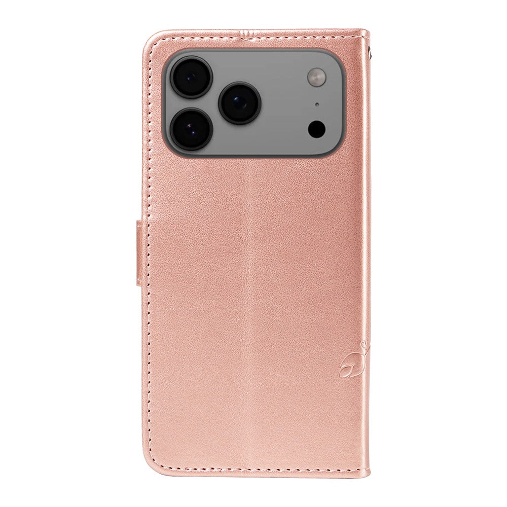 For iPhone 17 Pro Max PU Leather Cases Flower Pattern Wallet Stand Phone Cover with Strap - Rose Gold