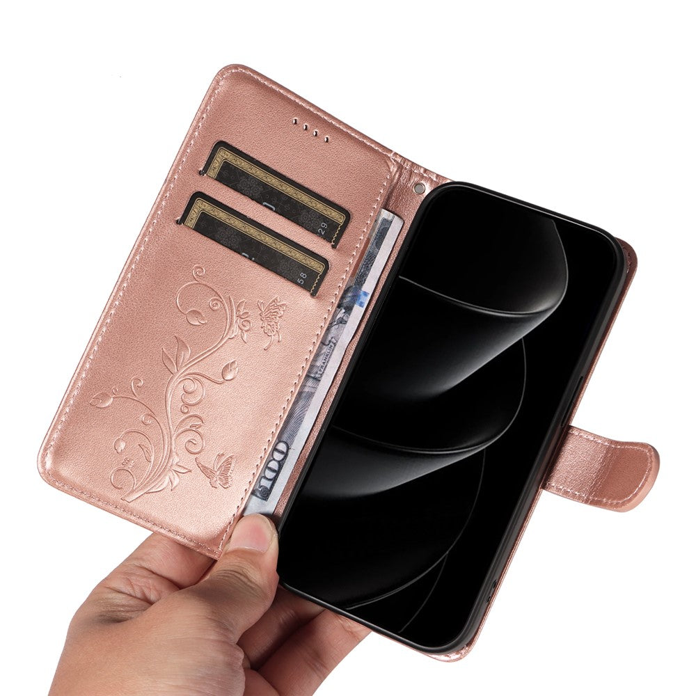 For iPhone 17 Pro Max PU Leather Cases Flower Pattern Wallet Stand Phone Cover with Strap - Rose Gold