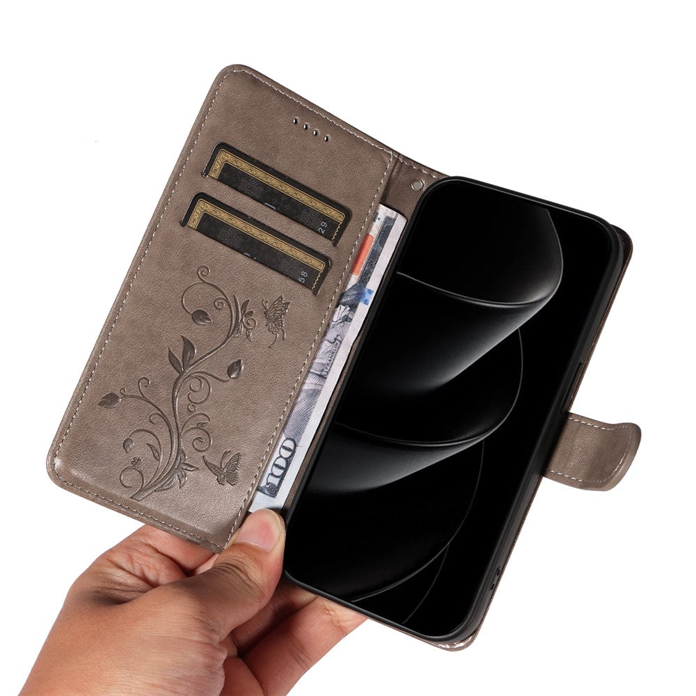 For iPhone 17 Pro Max PU Leather Cases Flower Pattern Wallet Stand Phone Cover with Strap - Grey