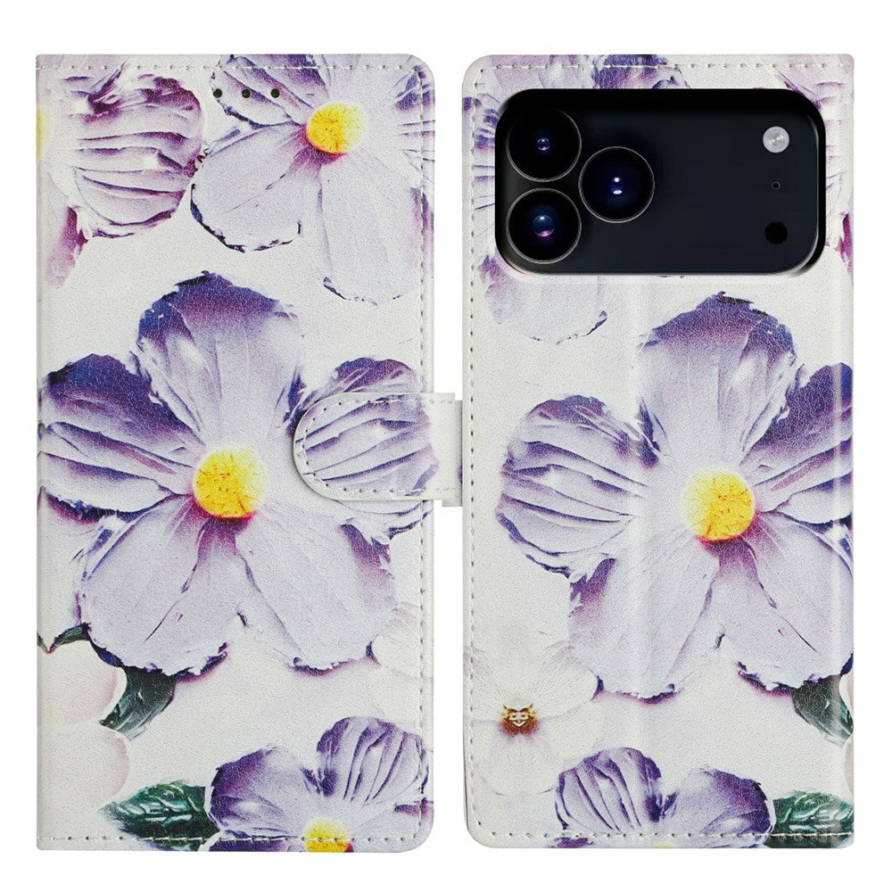 For iPhone 17 Pro Max Case Pattern Printing Wallet Stand Flip Leather Phone Cover with Strap - Purple Flower