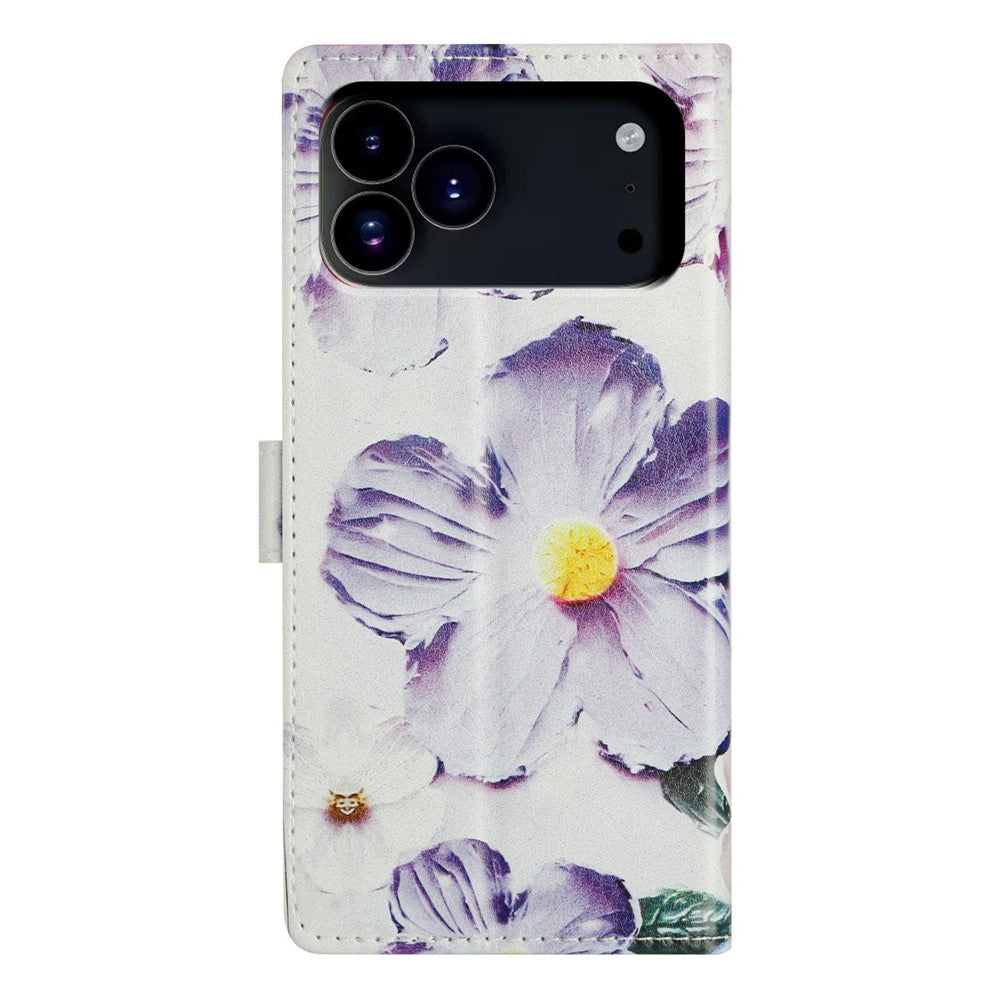 For iPhone 17 Pro Max Case Pattern Printing Wallet Stand Flip Leather Phone Cover with Strap - Purple Flower
