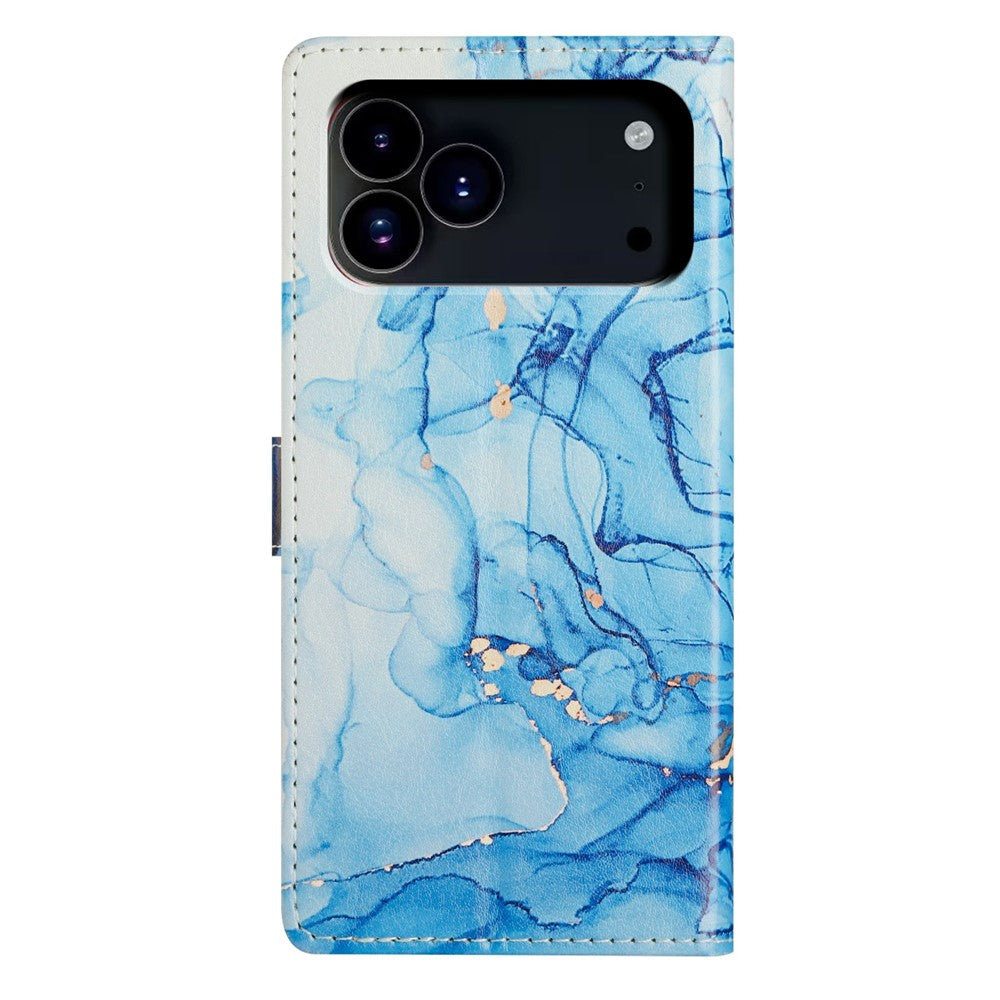 For iPhone 17 Pro Max Case Pattern Printing Wallet Stand Flip Leather Phone Cover with Strap - Blue Marble
