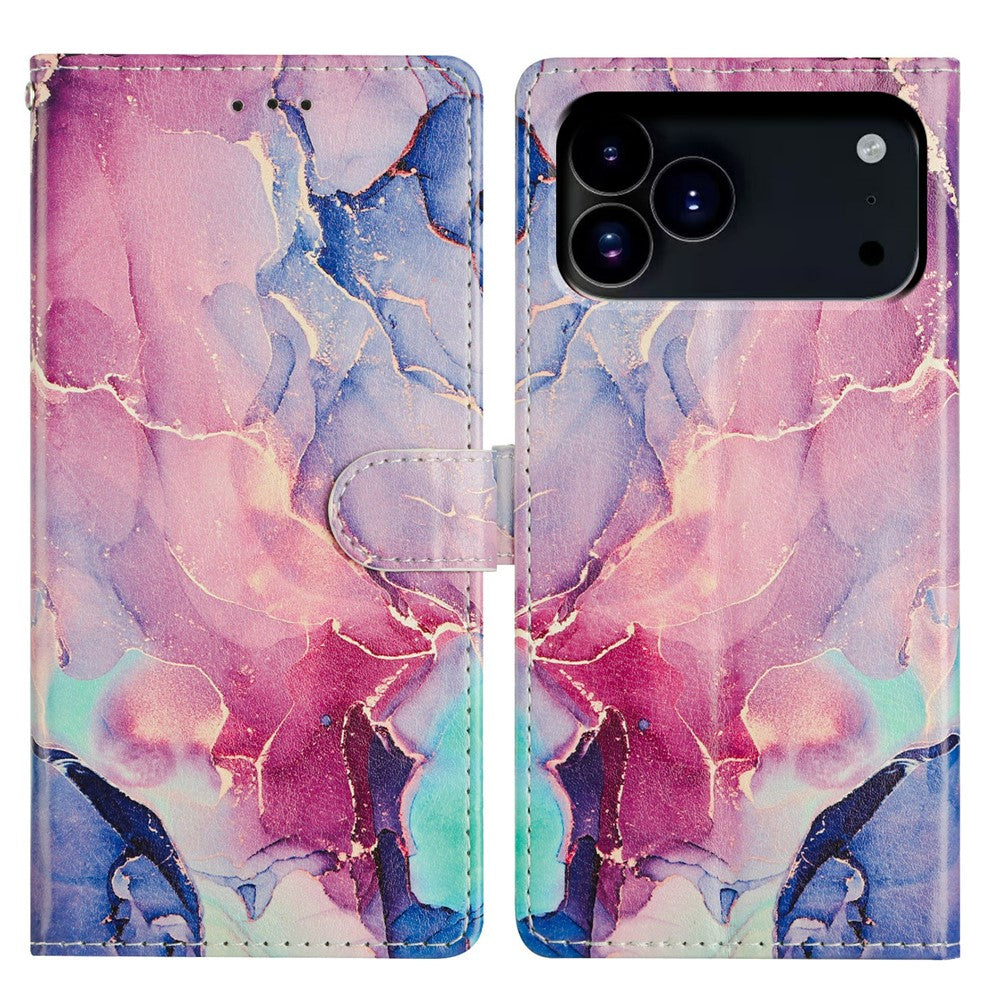 For iPhone 17 Pro Max Case Pattern Printing Wallet Stand Flip Leather Phone Cover with Strap - Green Pink Marble