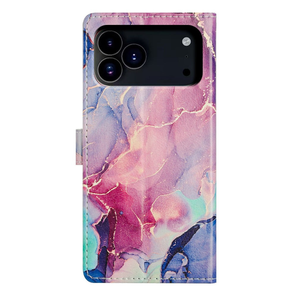 For iPhone 17 Pro Max Case Pattern Printing Wallet Stand Flip Leather Phone Cover with Strap - Green Pink Marble