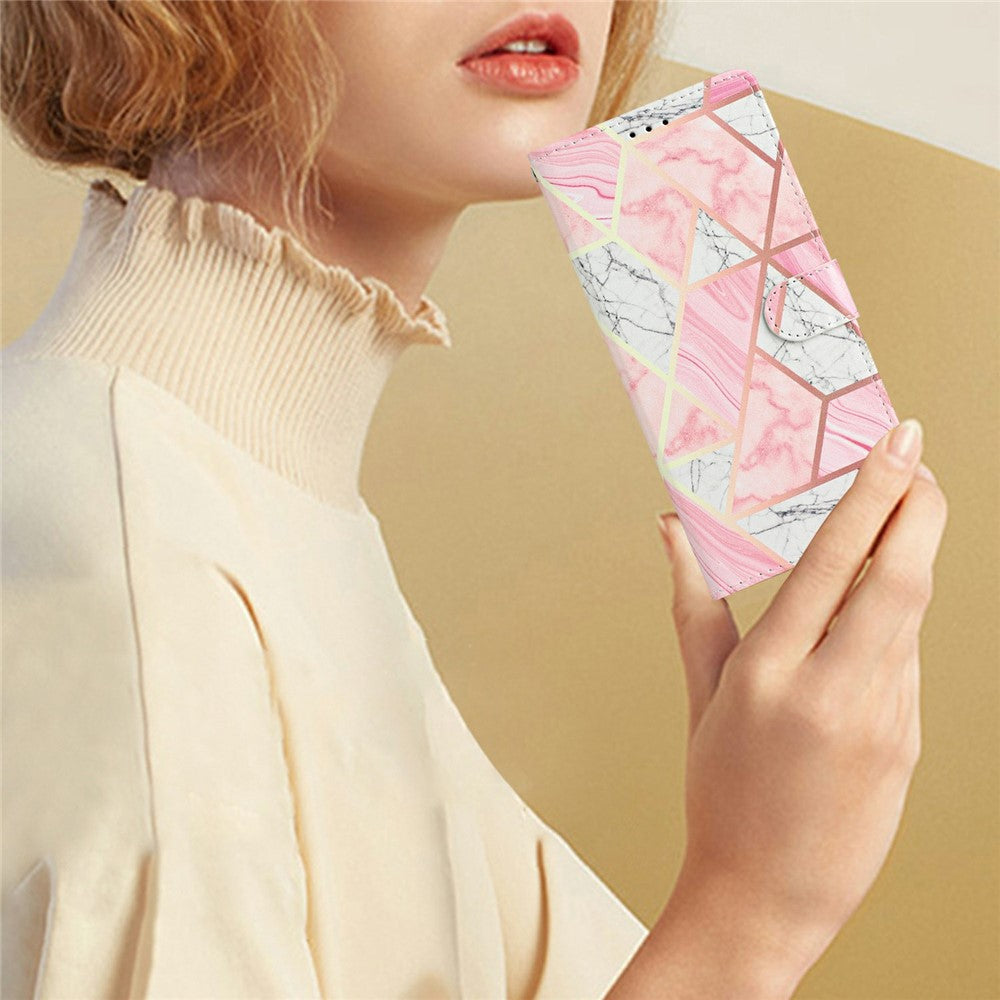 For Oppo Reno14 5G (Global) Wallet Case PU Leather Pattern Printing Stand Phone Cover with Strap - Pink Marble