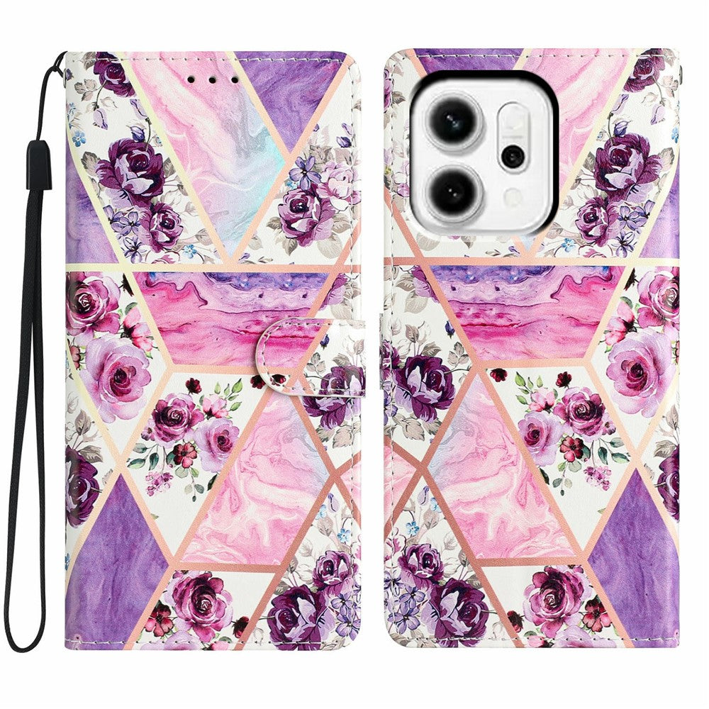 For Oppo Reno14 Pro 5G (Global) Wallet Case PU Leather Pattern Printing Stand Phone Cover with Strap - Purple Flowers