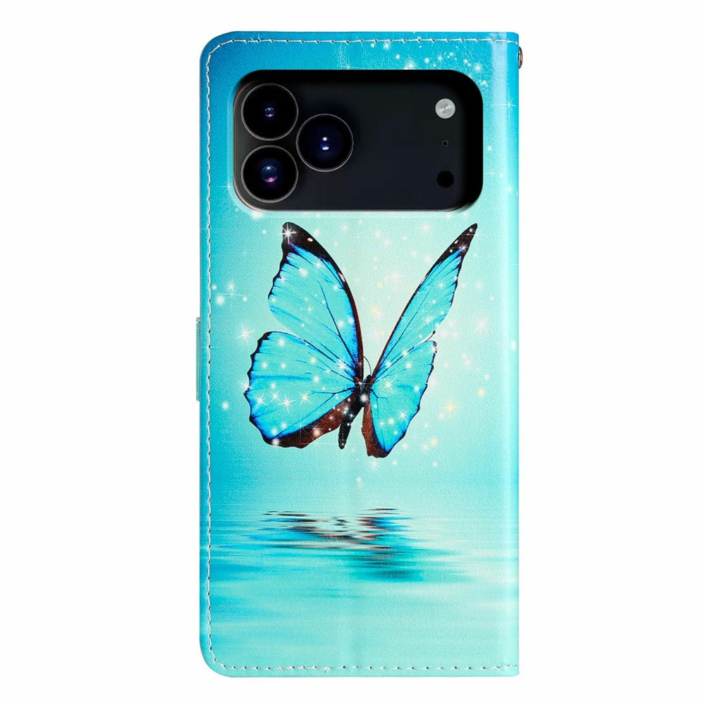 For iPhone 17 Pro Max Wallet Case PU Leather Pattern Printing Stand Phone Cover with Strap - Blue Butterfly
