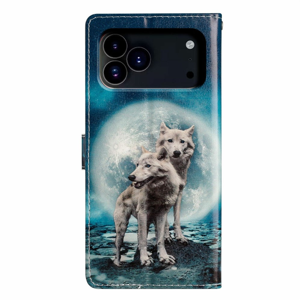 For iPhone 17 Pro Max Wallet Case PU Leather Pattern Printing Stand Phone Cover with Strap - Two Wolves