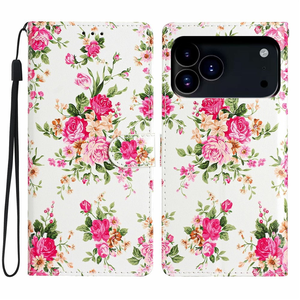 For iPhone 17 Pro Max Wallet Case PU Leather Pattern Printing Stand Phone Cover with Strap - Red Flowers