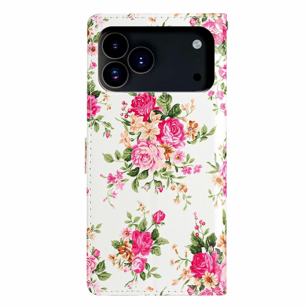 For iPhone 17 Pro Max Wallet Case PU Leather Pattern Printing Stand Phone Cover with Strap - Red Flowers