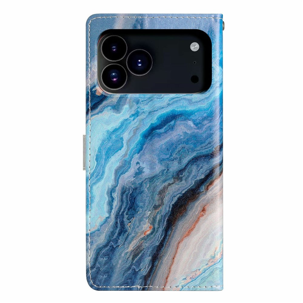 For iPhone 17 Pro Max Wallet Case PU Leather Pattern Printing Stand Phone Cover with Strap - Blue Marble