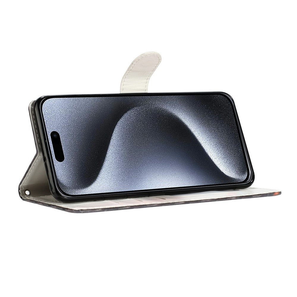 For iPhone 17 Pro Max Wallet Case PU Leather Pattern Printing Stand Phone Cover with Strap - Cute Cat