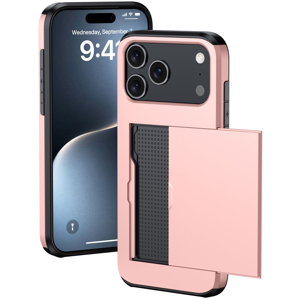 For iPhone 17 Pro Max Case Card Holder TPU + PC Phone Back Cover - Rose Gold