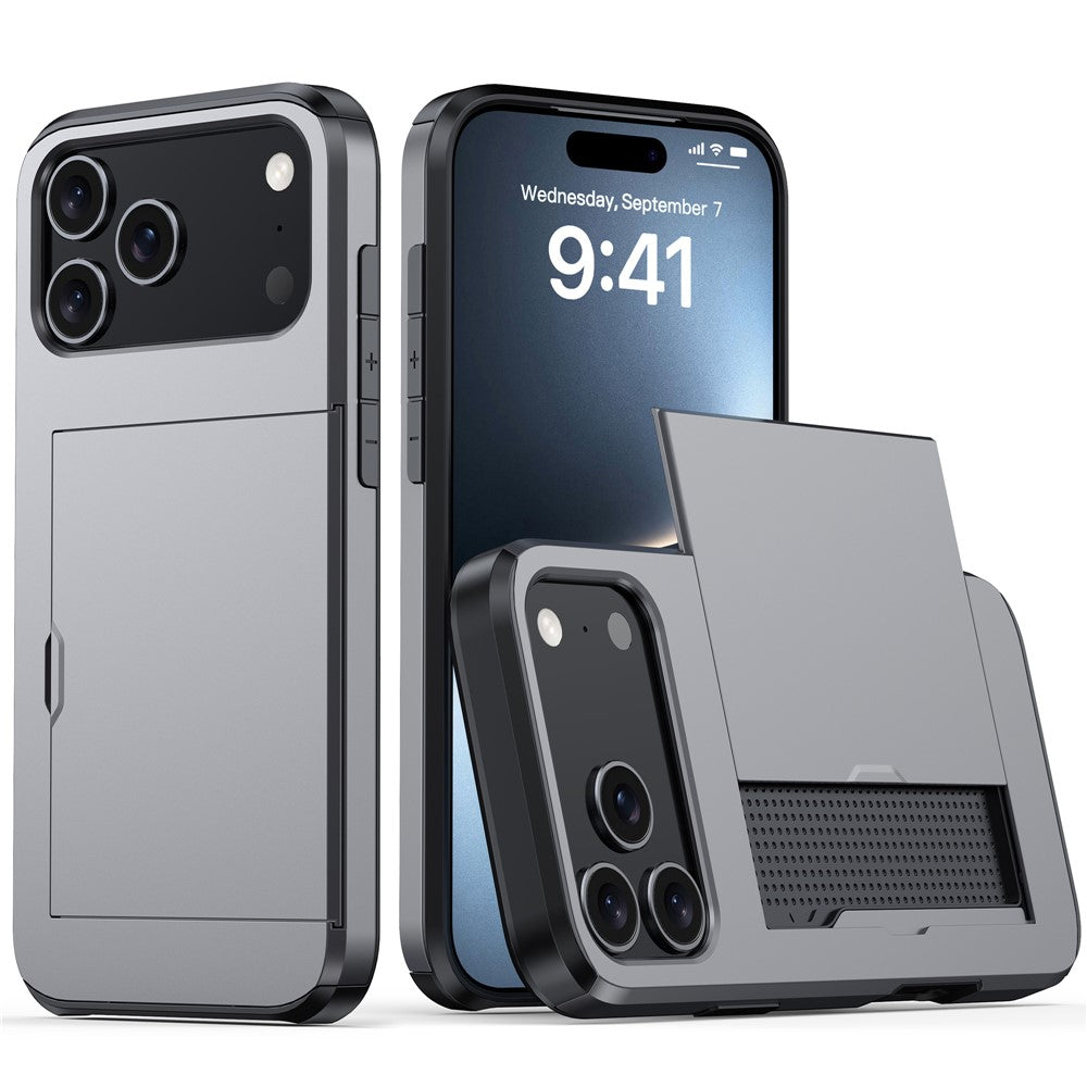 For iPhone 17 Pro Max Case Card Holder TPU + PC Phone Back Cover - Grey