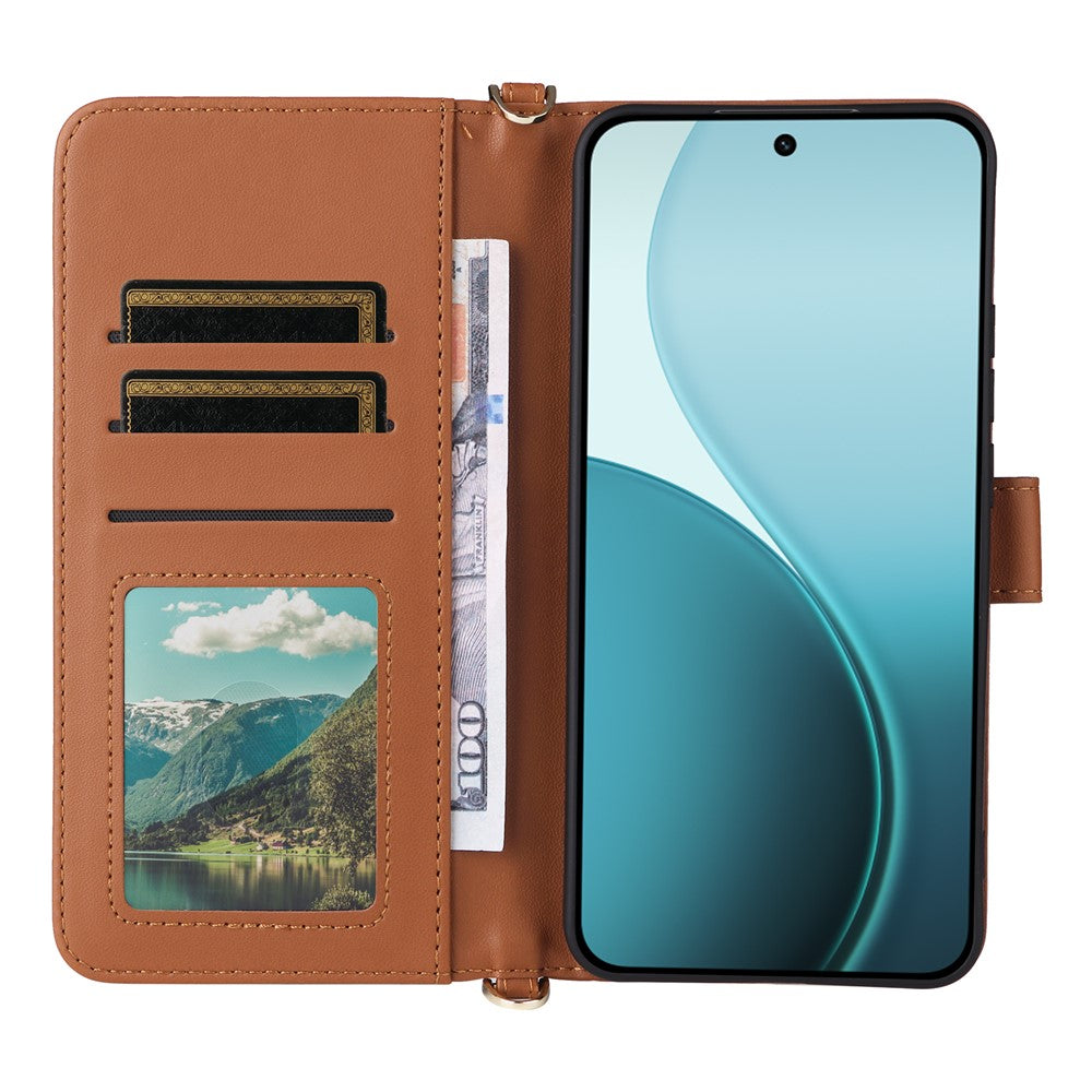 For Oppo Reno14 5G (Global) Case with Shoulder / Wrist Strap Leather Phone Cover Stand Wallet - Brown