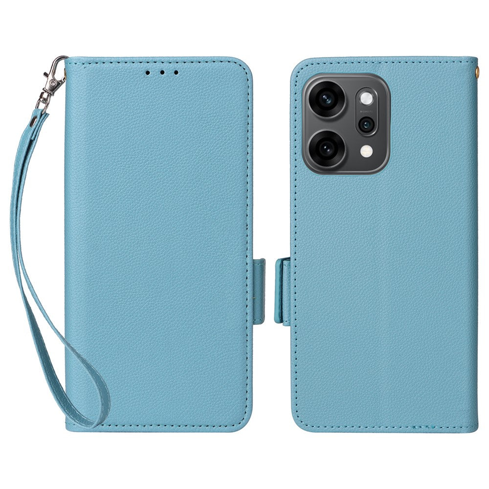 For Oppo Reno14 5G (Global) Case with Wrist Strap Litchi Texture PU Leather Wallet Phone Cover - Baby Blue