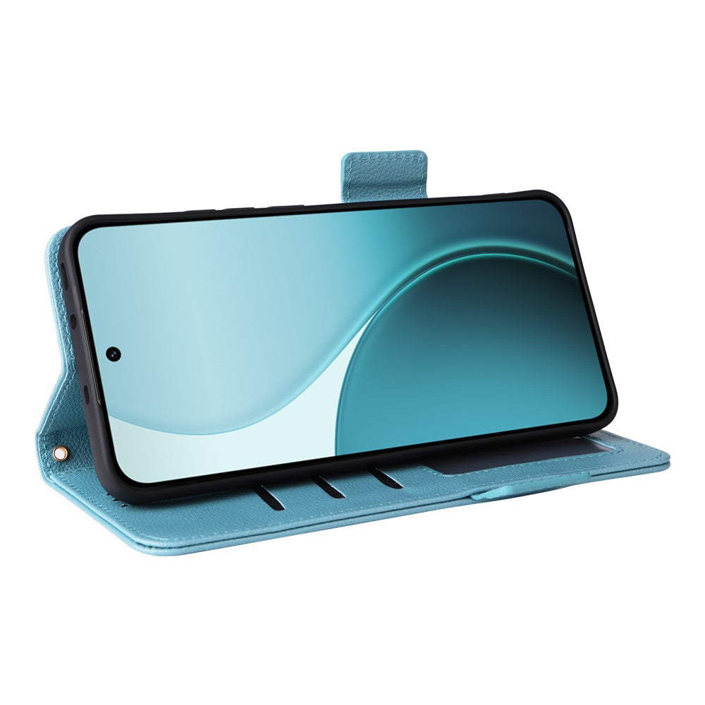 For Oppo Reno14 5G (Global) Case with Wrist Strap Litchi Texture PU Leather Wallet Phone Cover - Baby Blue