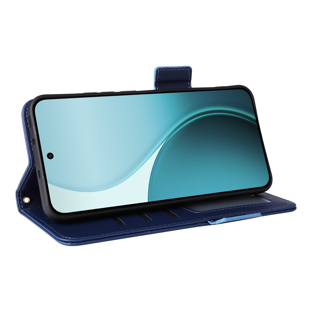 For Oppo Reno14 5G (Global) Case with Wrist Strap Litchi Texture PU Leather Wallet Phone Cover - Dark Blue