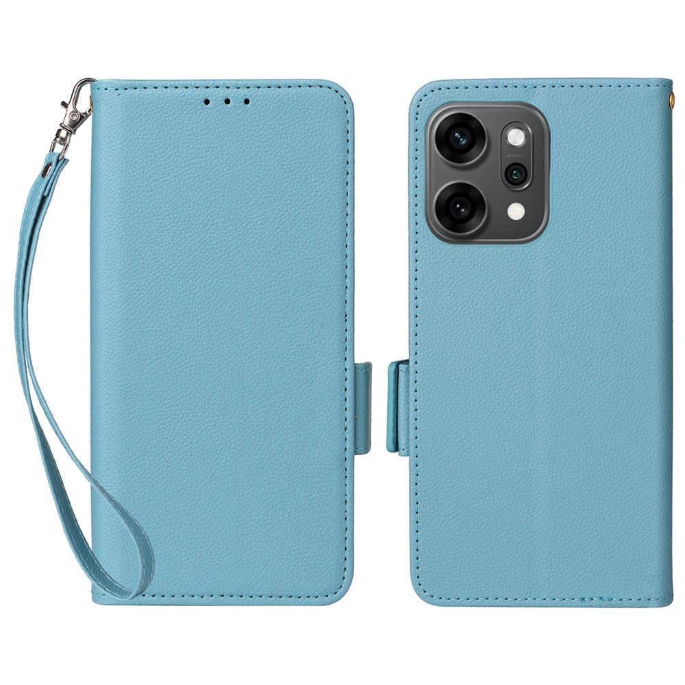 For Oppo Reno14 Pro 5G (Global) Case with Wrist Strap Litchi Texture PU Leather Wallet Phone Cover - Baby Blue
