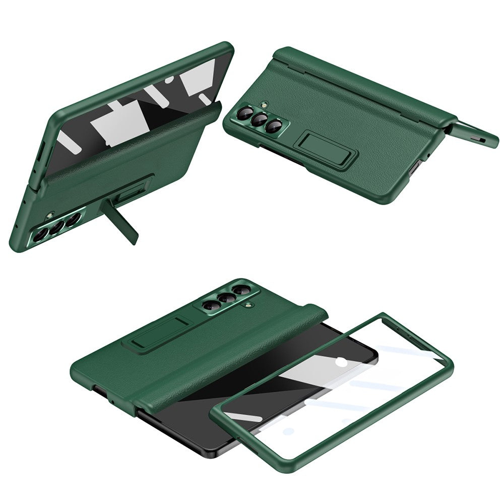 For Samsung Galaxy Z Fold7 5G Case with Tempered Glass Film Kickstand PC + PU Leather Folding Phone Cover - Green