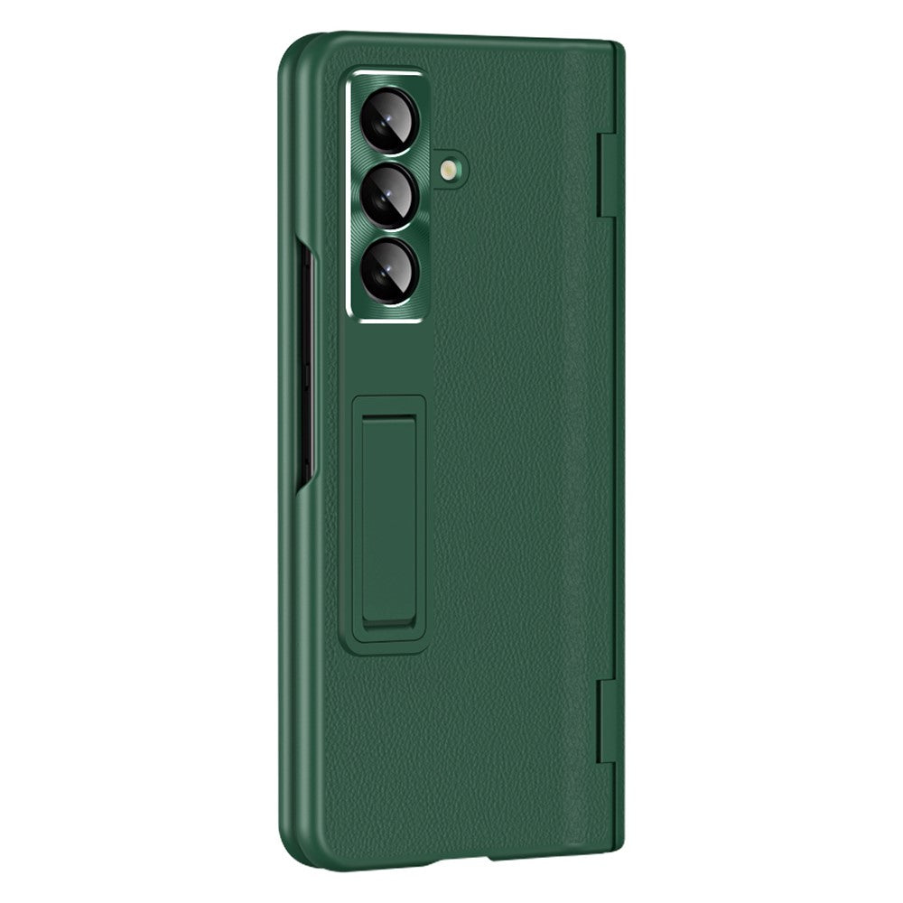 For Samsung Galaxy Z Fold7 5G Case with Tempered Glass Film Kickstand PC + PU Leather Folding Phone Cover - Green