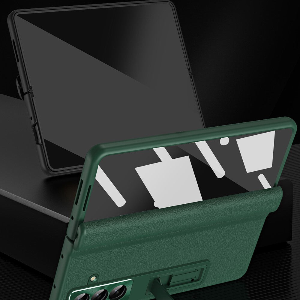 For Samsung Galaxy Z Fold7 5G Case with Tempered Glass Film Kickstand PC + PU Leather Folding Phone Cover - Green