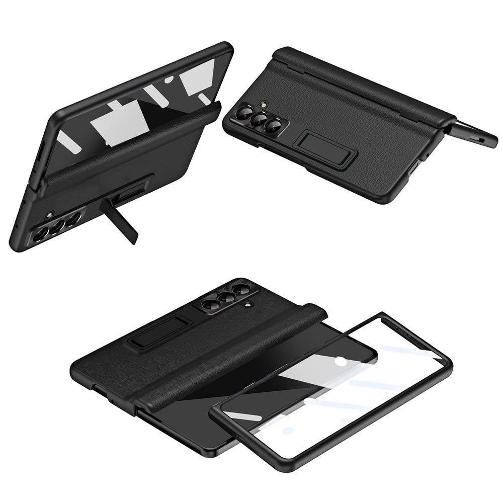 For Samsung Galaxy Z Fold7 5G Case with Tempered Glass Film Kickstand PC + PU Leather Folding Phone Cover - Black