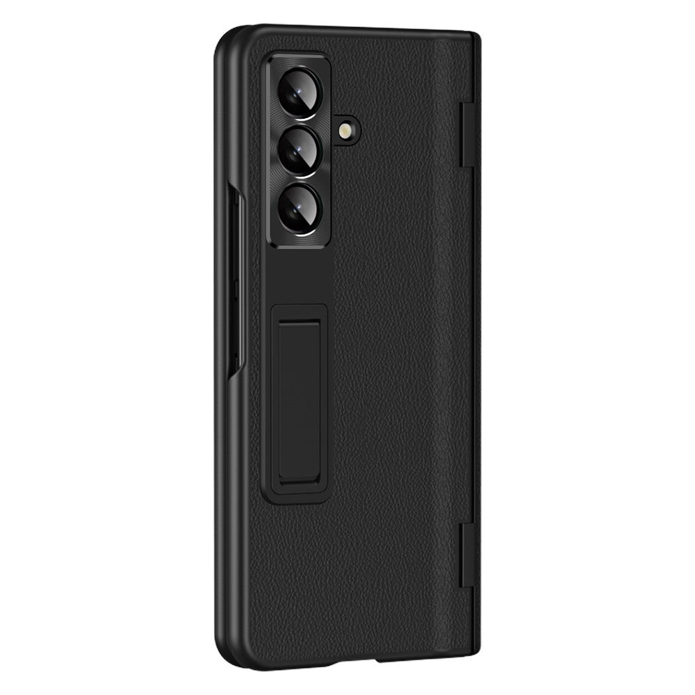 For Samsung Galaxy Z Fold7 5G Case with Tempered Glass Film Kickstand PC + PU Leather Folding Phone Cover - Black
