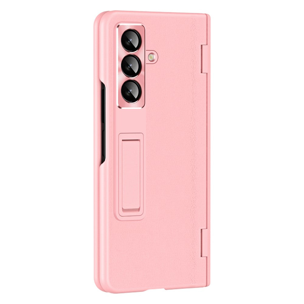 For Samsung Galaxy Z Fold7 5G Case with Tempered Glass Film Kickstand PC + PU Leather Folding Phone Cover - Pink