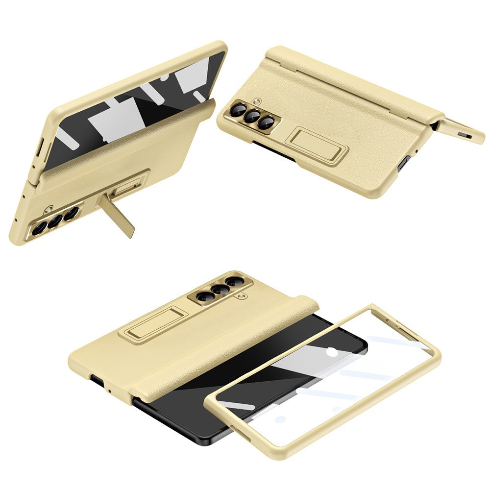 For Samsung Galaxy Z Fold7 5G Case with Tempered Glass Film Kickstand PC + PU Leather Folding Phone Cover - Gold
